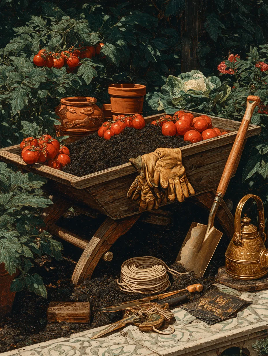 A wooden wheelbarrow loaded with soil and tomatoes at the edge of a garden bed, leather work gloves draped over the side, a spade and coiled rope beside it.