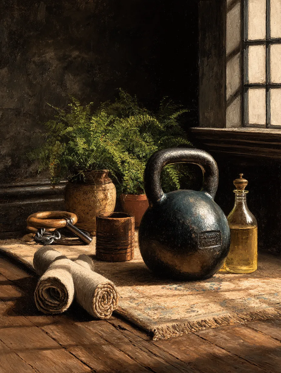A cast iron kettlebell on a rug beside a rolled mat, a wooden ring and an oil bottle in morning window light.