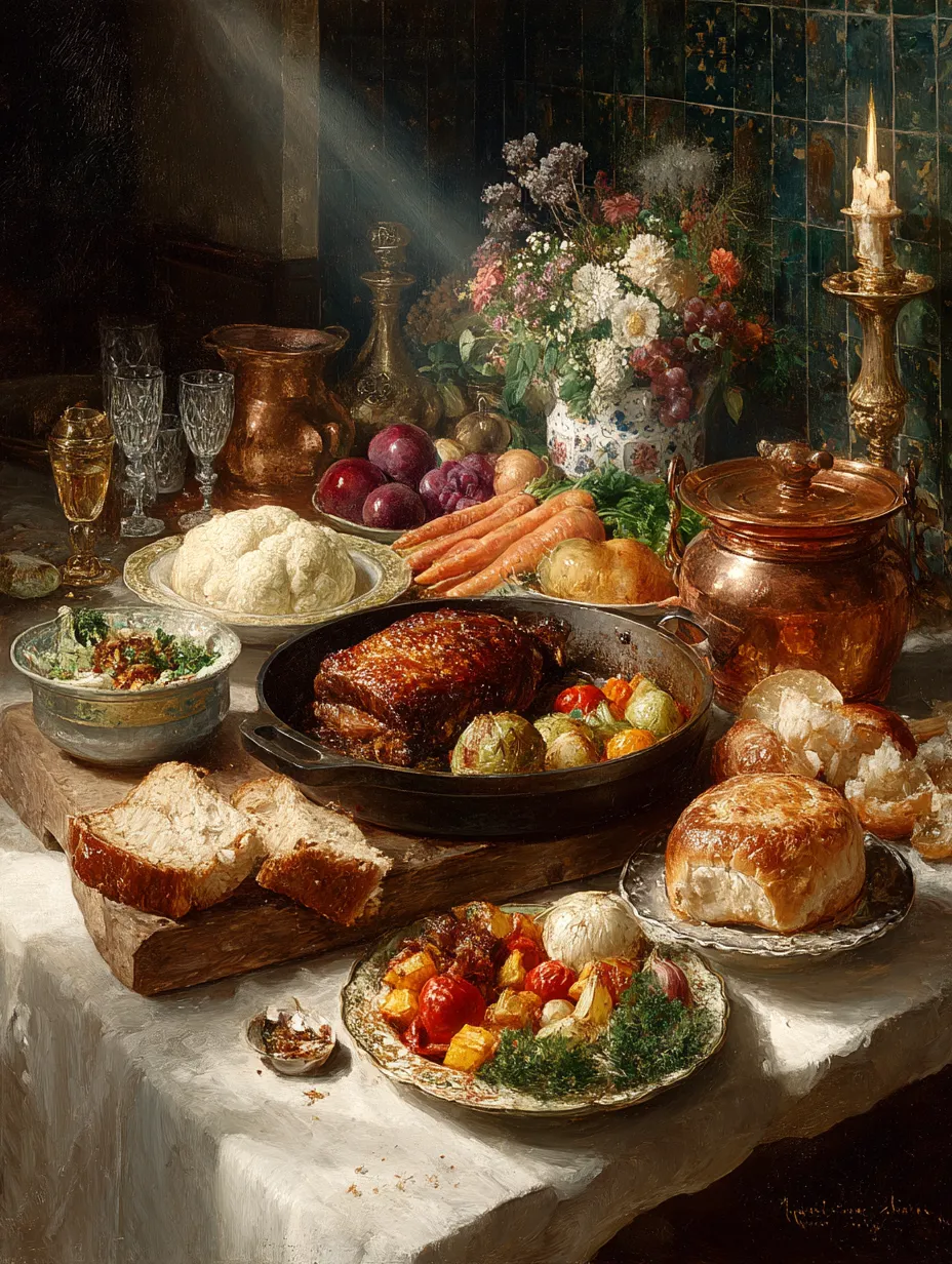 A laid table with a roast in a cast iron pan, carrots, cauliflower, cut bread and a copper pot in candlelight.