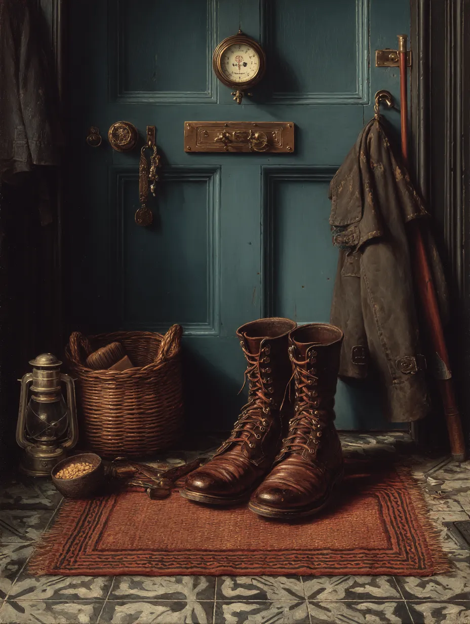 A pair of tall leather walking boots on a mat by a blue back door, a canvas coat hanging on a hook and a lantern beside them.