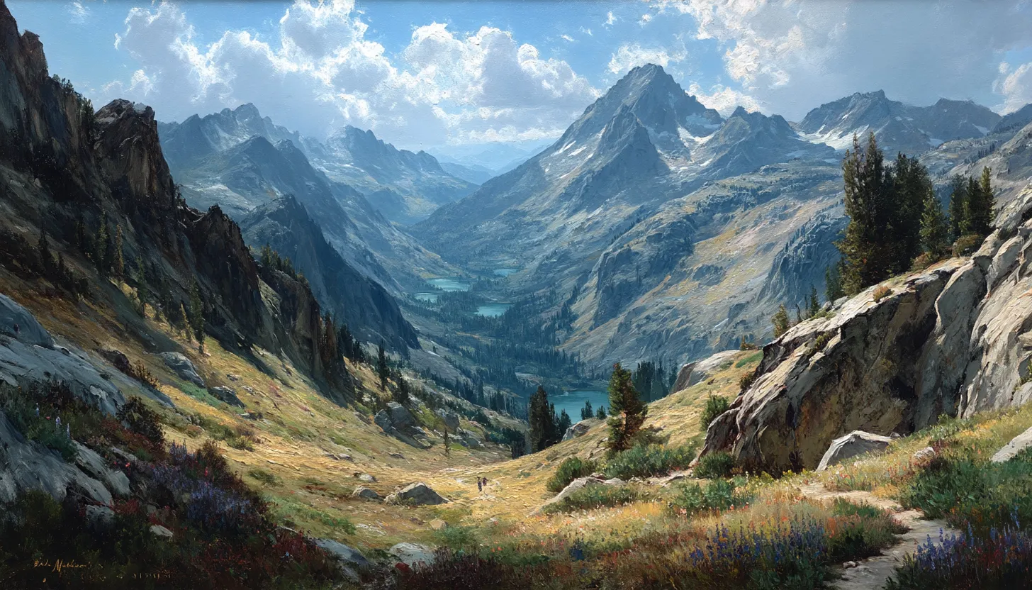A wide alpine valley with lakes below and a mountain range beyond, two tiny distant figures walking the trail through the meadow.