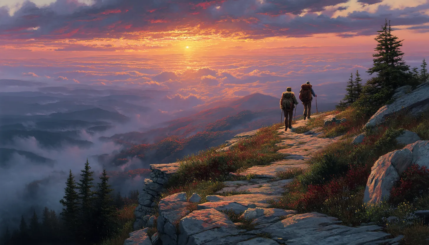 Two hikers with packs and poles walking a stone ridge trail at sunrise above a valley filled with cloud.