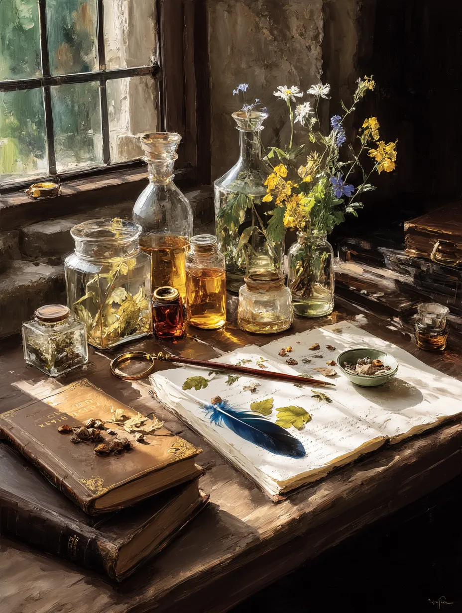 Pressed leaves and a blue feather on an open notebook beside glass specimen jars, a magnifier and a bound field guide at a window.