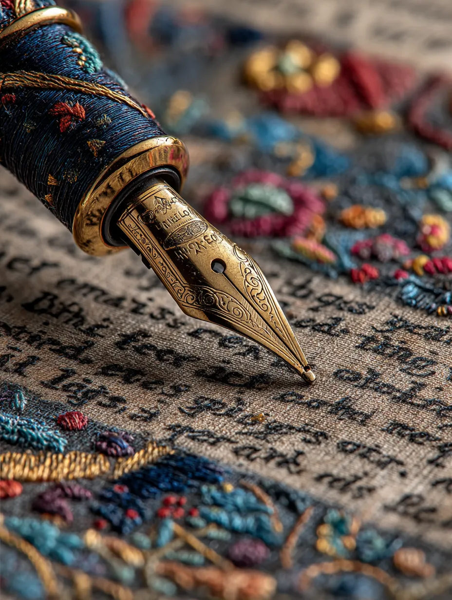 An extreme close-up of an ornate gold fountain pen nib resting on a page of dense handwriting.