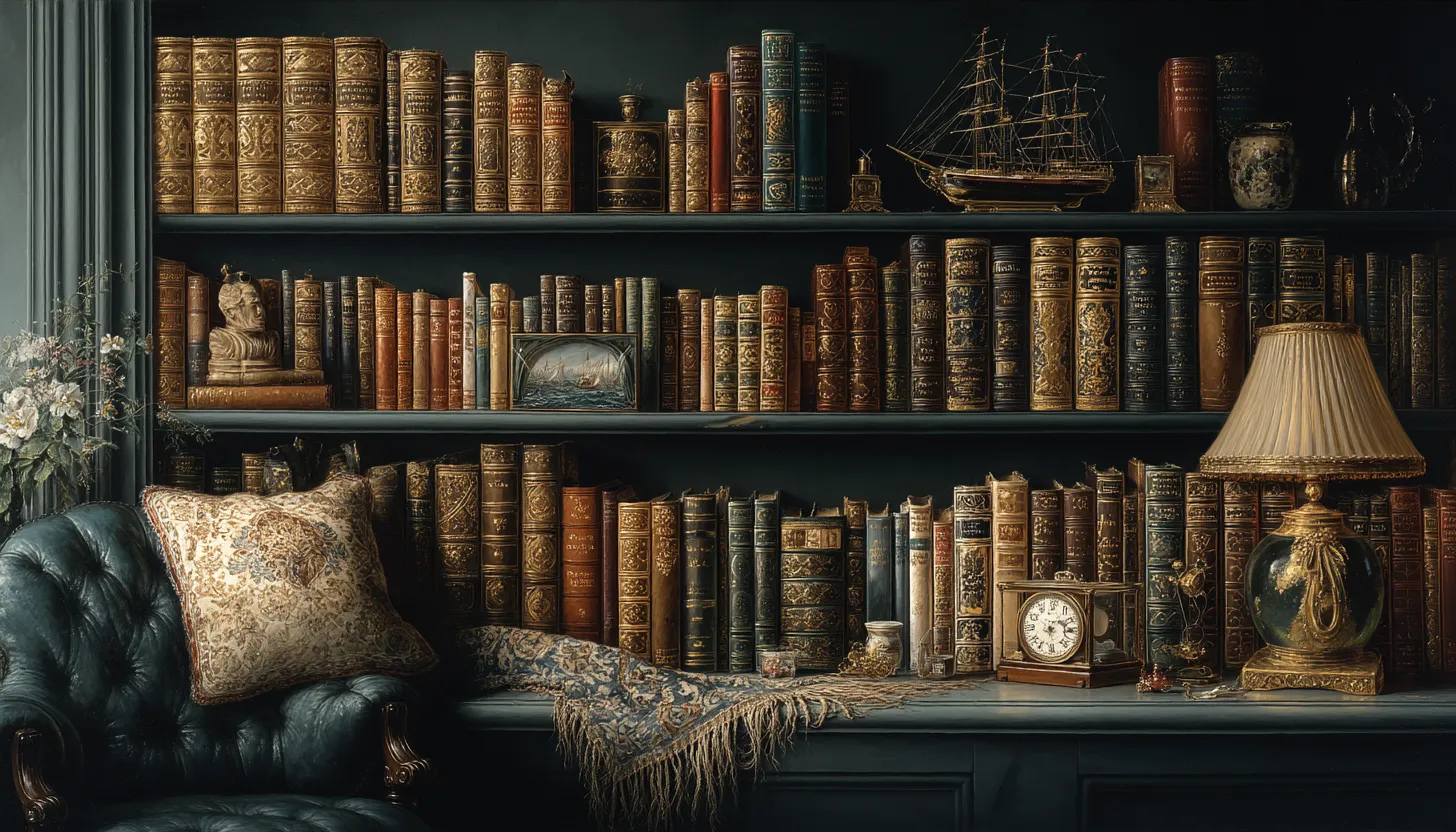 A built-in shelf of well-read gilt-spined hardcovers with a leather reading chair, a lamp and a model ship in evening light.