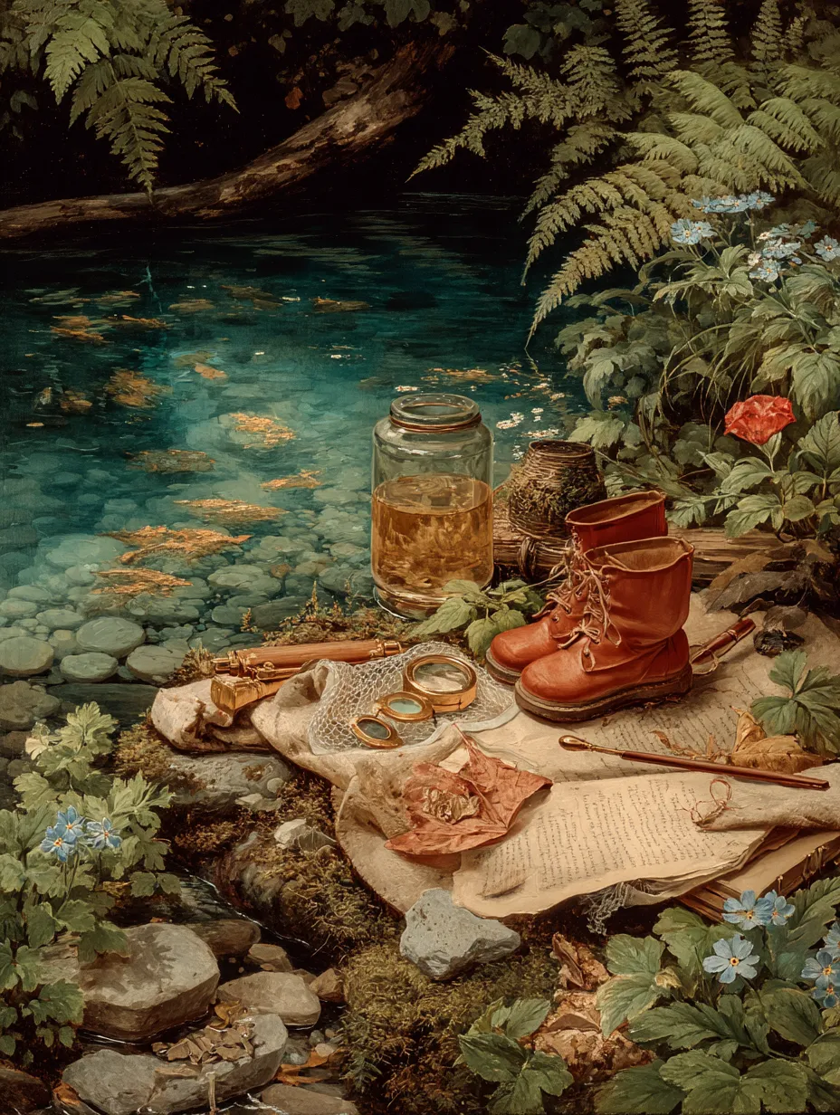 Small boots, a glass collecting jar, a magnifier and handwritten pages on the mossy bank of a clear woodland pool.