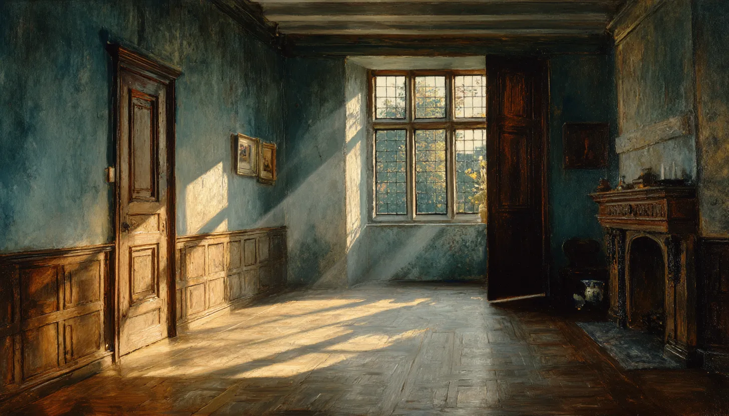 An empty panelled room with wide plank floors, a tall mullioned window standing open and sunlight falling across the boards.