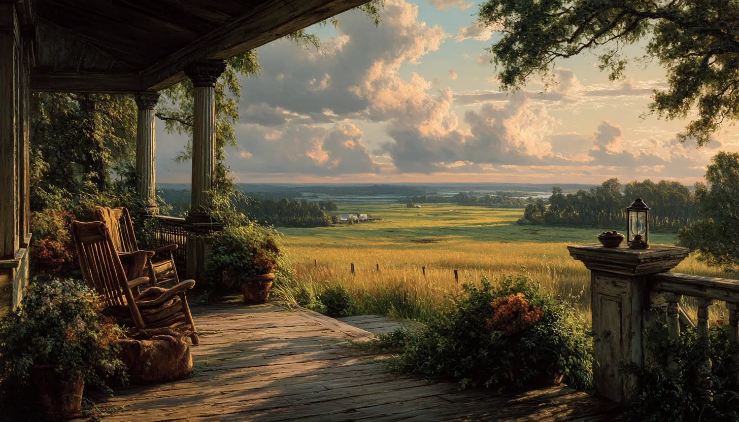 A wooden wrap-around porch with rocking chairs and a lantern, looking out over a wide meadow toward a distant treeline at golden hour.