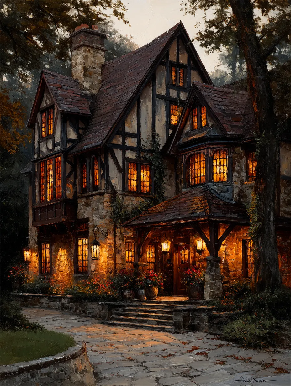 A stone and timber house with Tudor gables and leaded windows glowing warm at dusk, a flagstone path leading to a covered entry.
