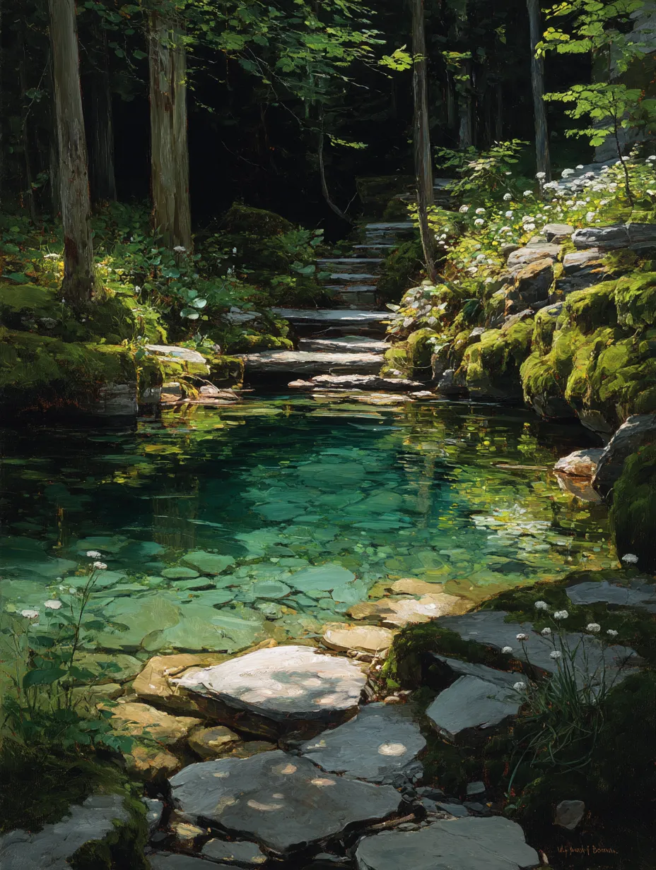 A clear green pool in a wooded hollow, mossy stone banks and flagstone steps leading down to the water.