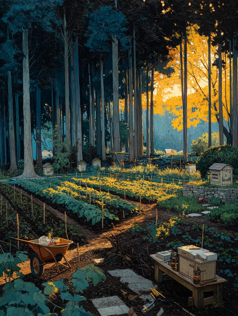Cultivated rows in a forest clearing at golden hour, beehives along the boundary, a wheelbarrow and a potting bench in the foreground.