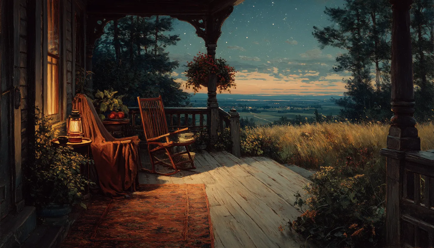 A wide porch at dusk with a rocking chair, a lit lantern and a folded blanket, looking out over a darkening valley under early stars.