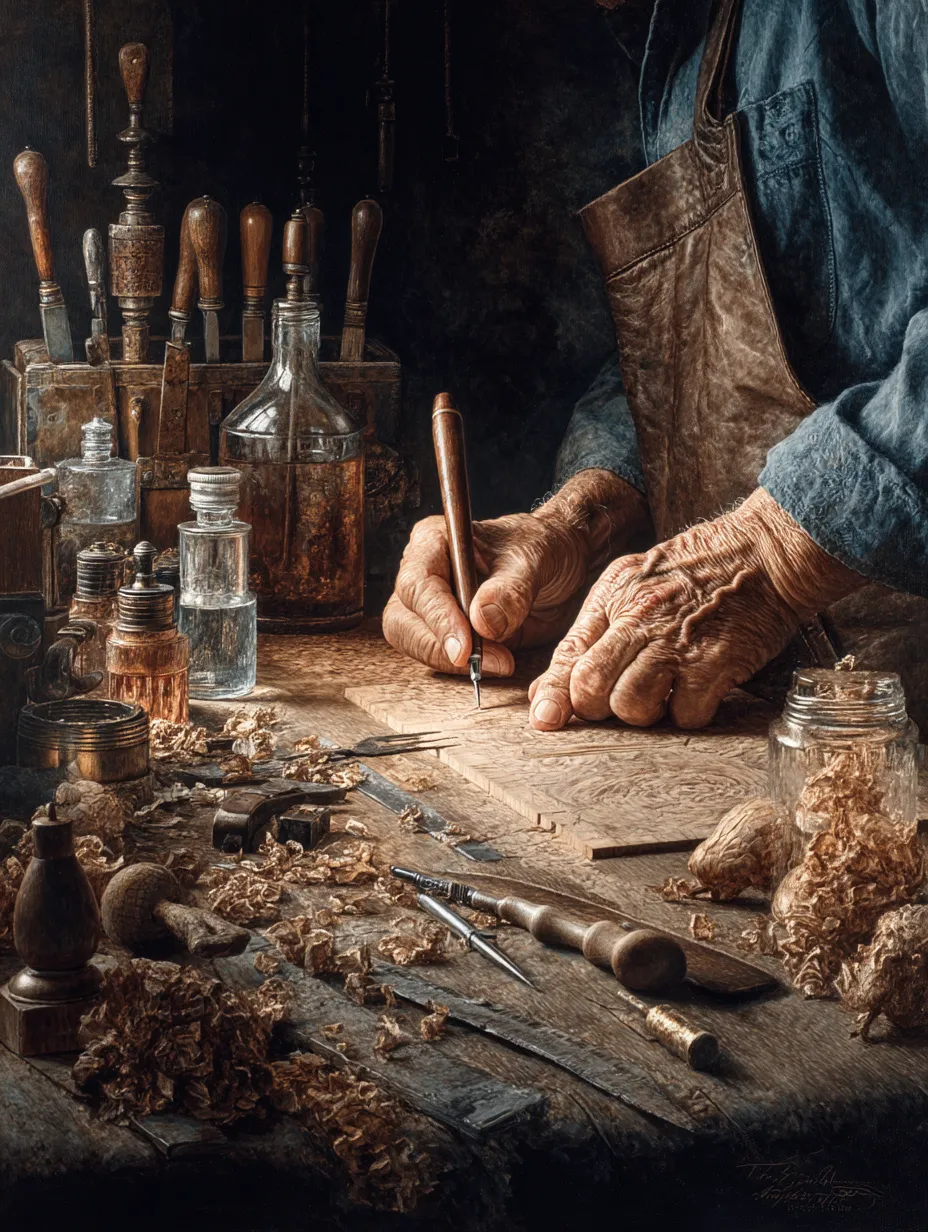 A close view of very old hands cutting into a piece of wood with a fine tool at a workbench covered in shavings and chisels.