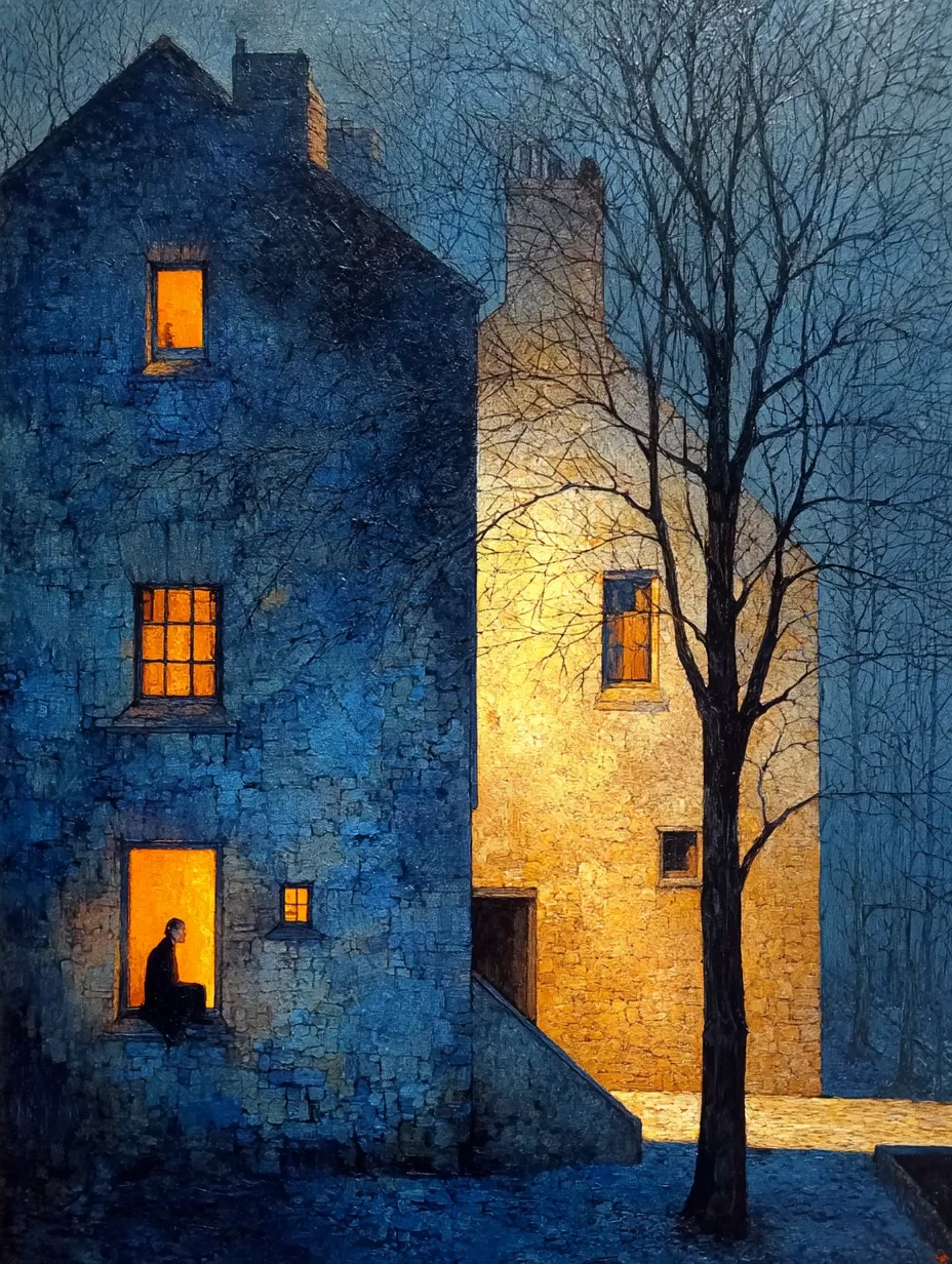 A stone house at night seen from a dark garden, several windows lit warm gold against cold blue walls, a seated figure in the lowest window and a bare tree alongside.