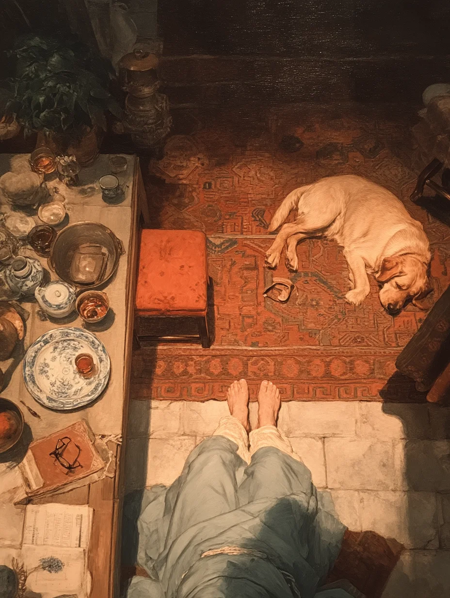 An overhead view down onto a red patterned rug and pale stone floor, a pair of bare feet, a sleeping dog, and the edge of a laid table with a book and reading glasses on it.