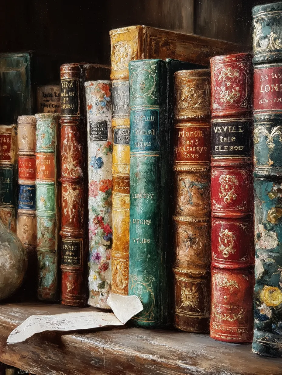 A close view along a shelf of well-read cloth-bound book spines at a raking angle, worn at the corners, with a folded note protruding at the base.