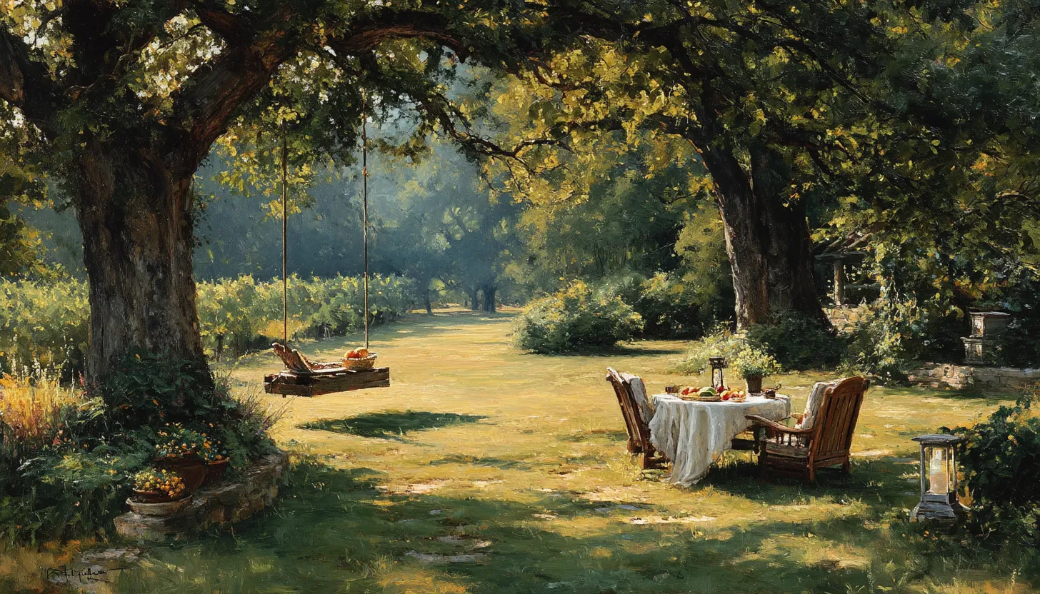 A mature fruit orchard in golden afternoon light with a laid table and chairs set out under two large trees and a swing hanging nearby.
