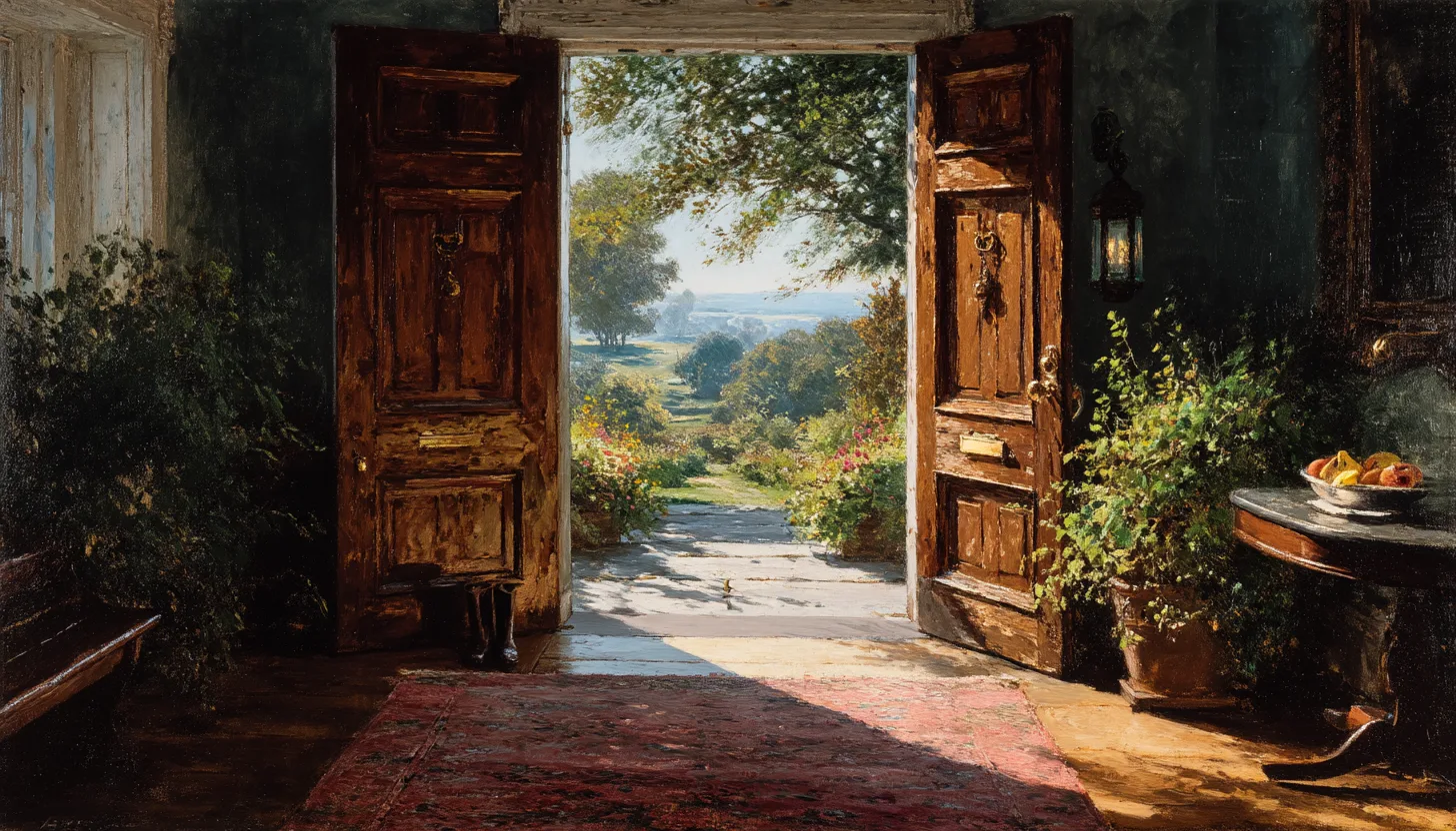A pair of double doors thrown wide at dawn, looking out onto a green meadow and a fruit orchard.