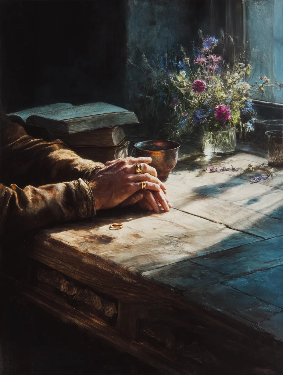 Two pairs of hands resting on a kitchen table, one reaching toward the other.