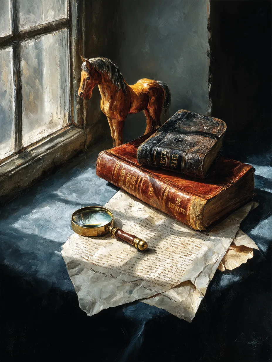 Three objects by a window: a carved wooden toy horse, two old leather books, and a brass hand lens resting on a handwritten page.