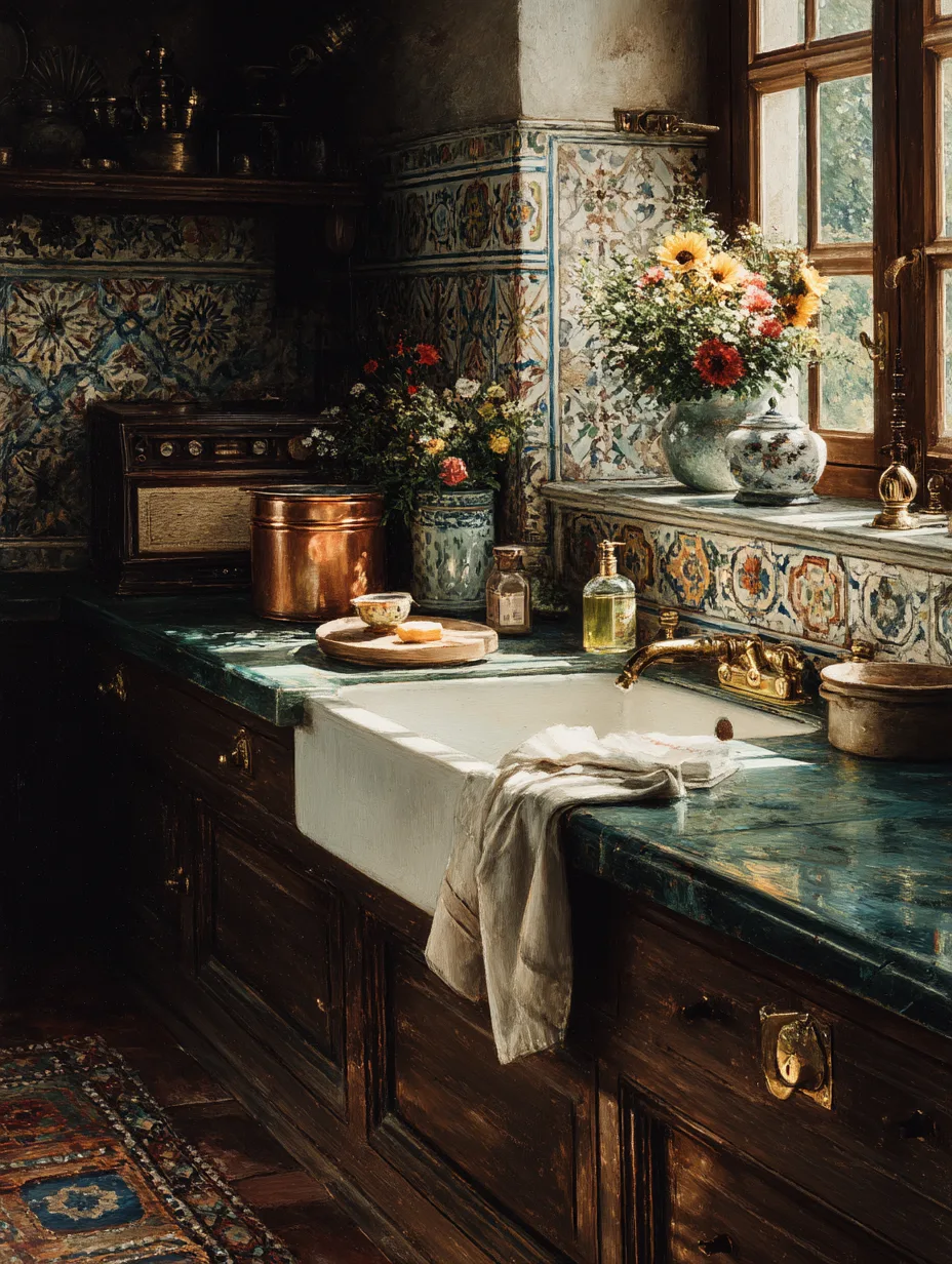 A sink of dishes and a dish towel in ordinary evening kitchen light.