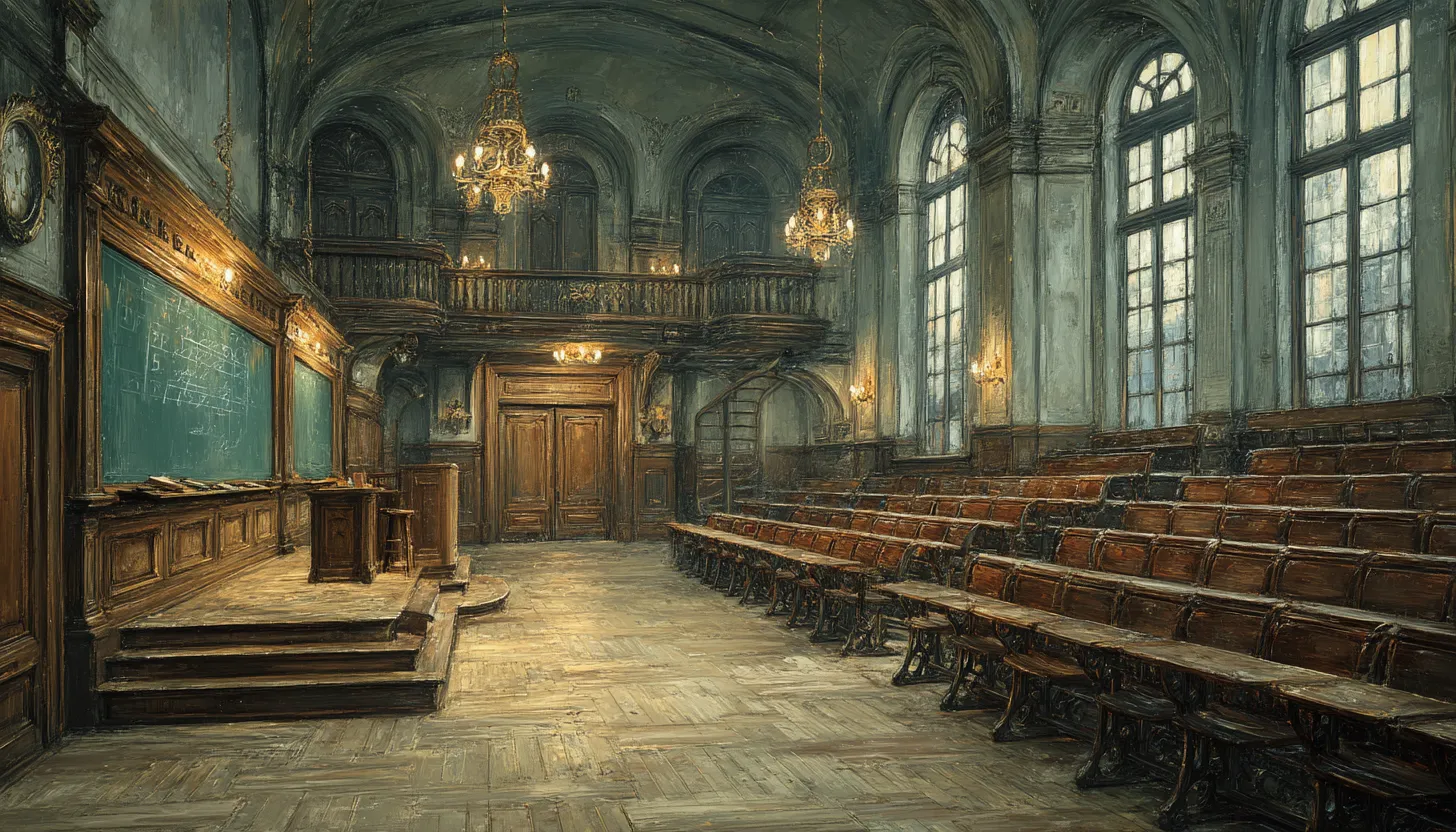 An empty tiered lecture hall in morning light, chalkboards at the front, chandeliers overhead and tall arched windows down one side.