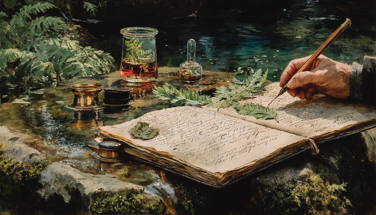 An open handwritten field notebook on a rock beside a creek, a hand writing in it, with a specimen jar, an inkwell and a fern frond alongside.