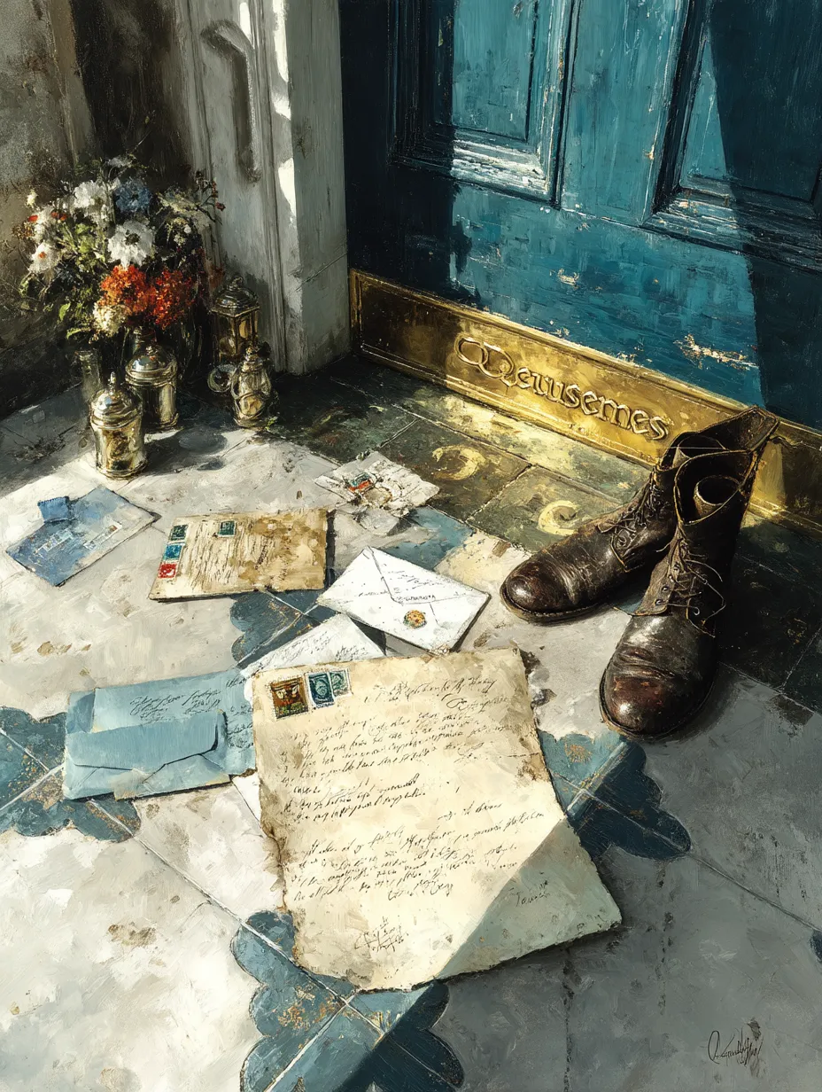 An opened letter and scattered envelopes on tiled entryway floor beneath a brass mail slot in a blue door, a pair of leather boots standing alongside.