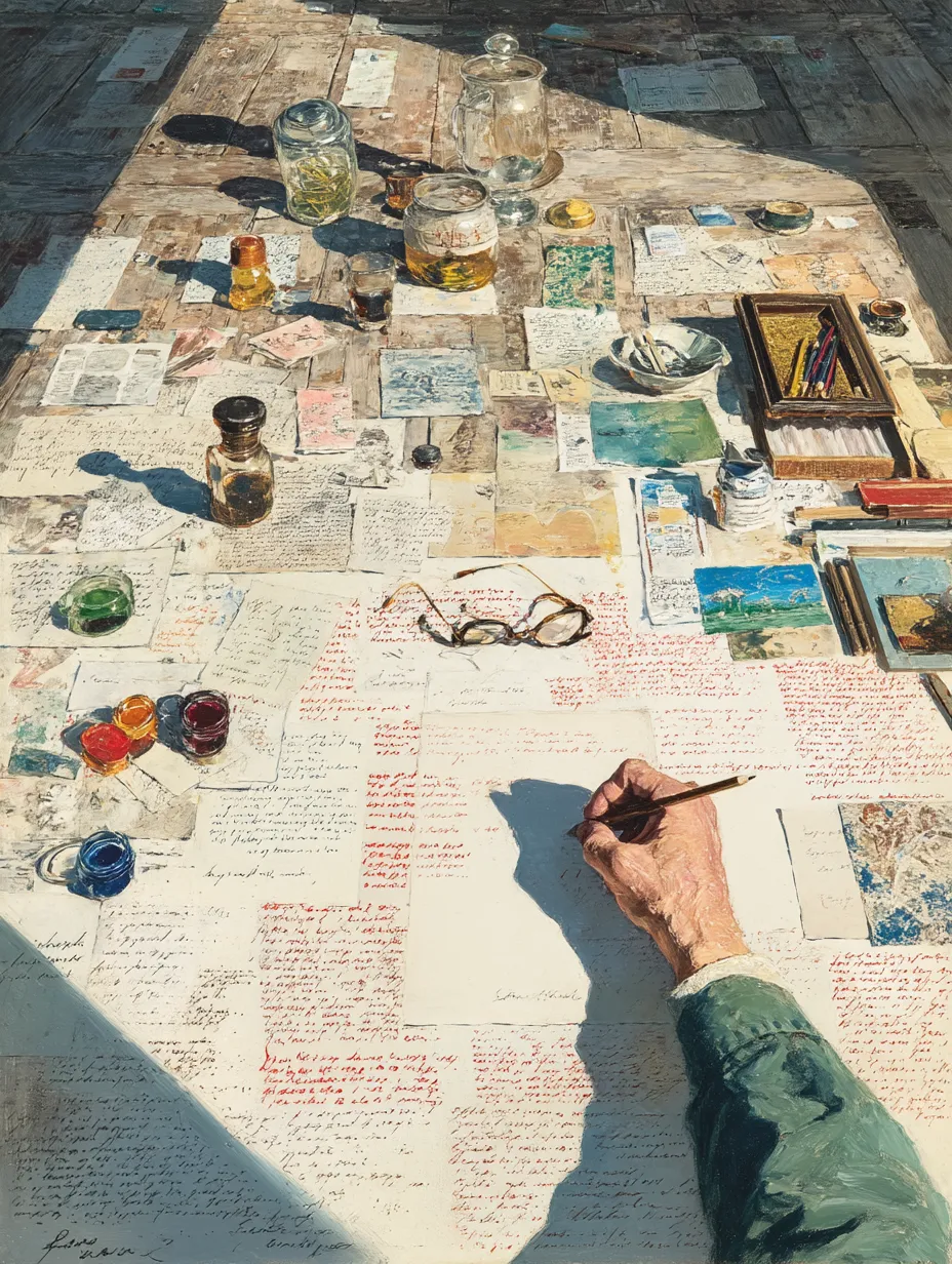 An overhead view of a floor covered edge to edge in annotated papers and ink pots, a hand reaching in with a pencil and reading glasses at the edge.