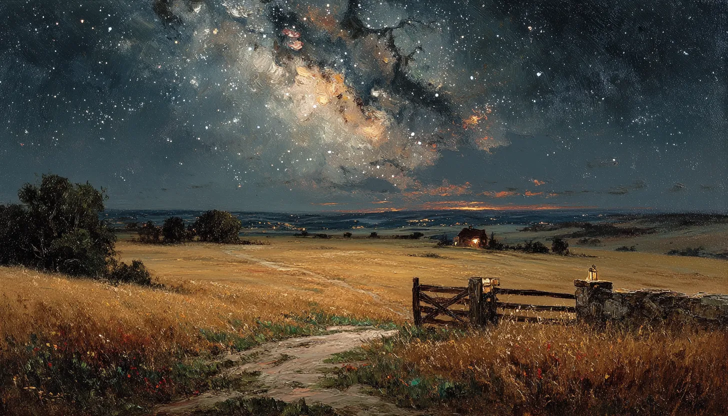 A star filled night sky with the Milky Way over an open meadow, a gate in the foreground and a single lit farmhouse far off.