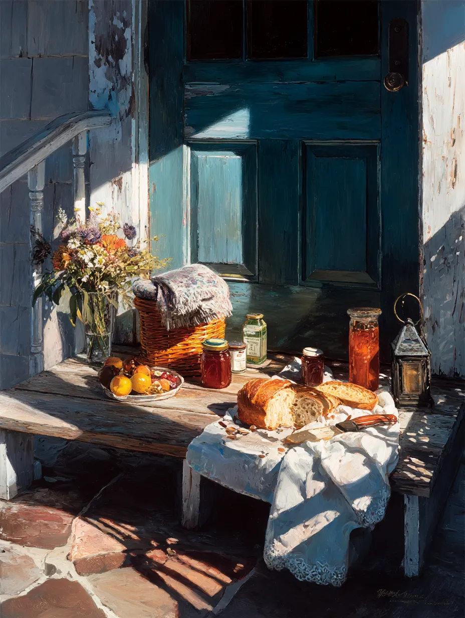 A basket of food with bread, jars of preserves, fruit and a folded blanket on a bench outside a blue door in hard sunlight.