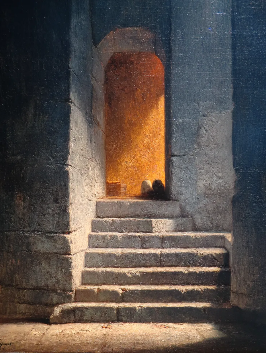 Weathered stone steps climbing to an arched doorway glowing warm gold from within, cold grey stone walls rising on either side.
