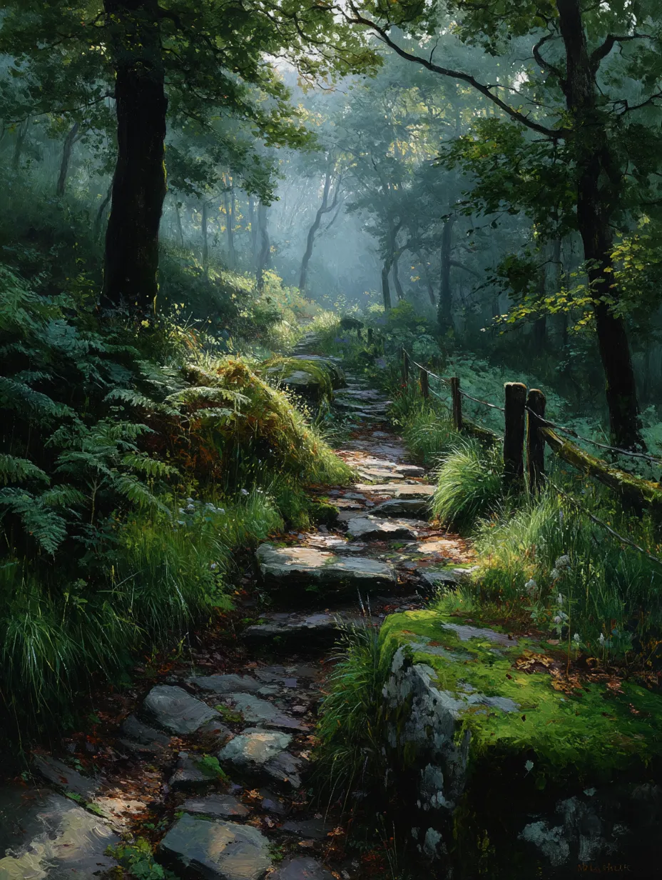 A wet stone footpath climbing through misty green woodland, ferns and a rail fence along one side.