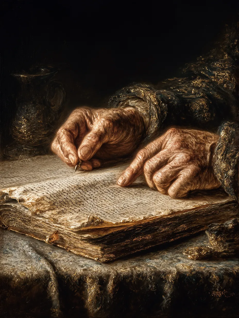 A close view of two weathered older hands resting on the open page of an old book in raking light against a dark background.