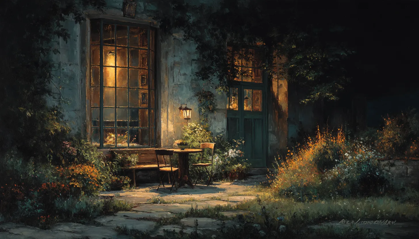A warmly lit tall kitchen window seen at night from a dark garden, a lantern by the door and two chairs on the flagstones.