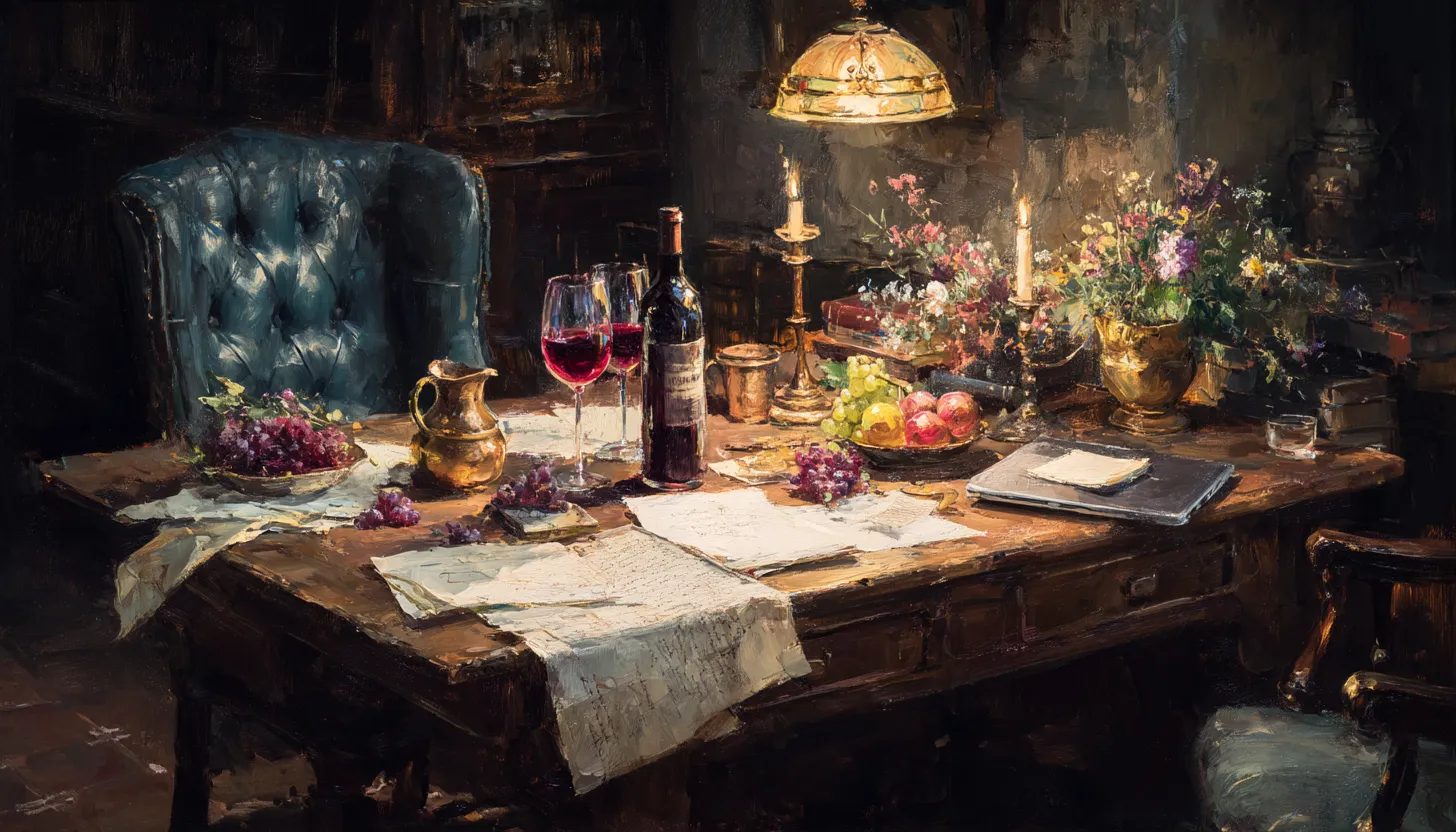 A long wooden table at night under a low warm lamp, spread with handwritten papers, two glasses of wine, a candle and a bowl of fruit.