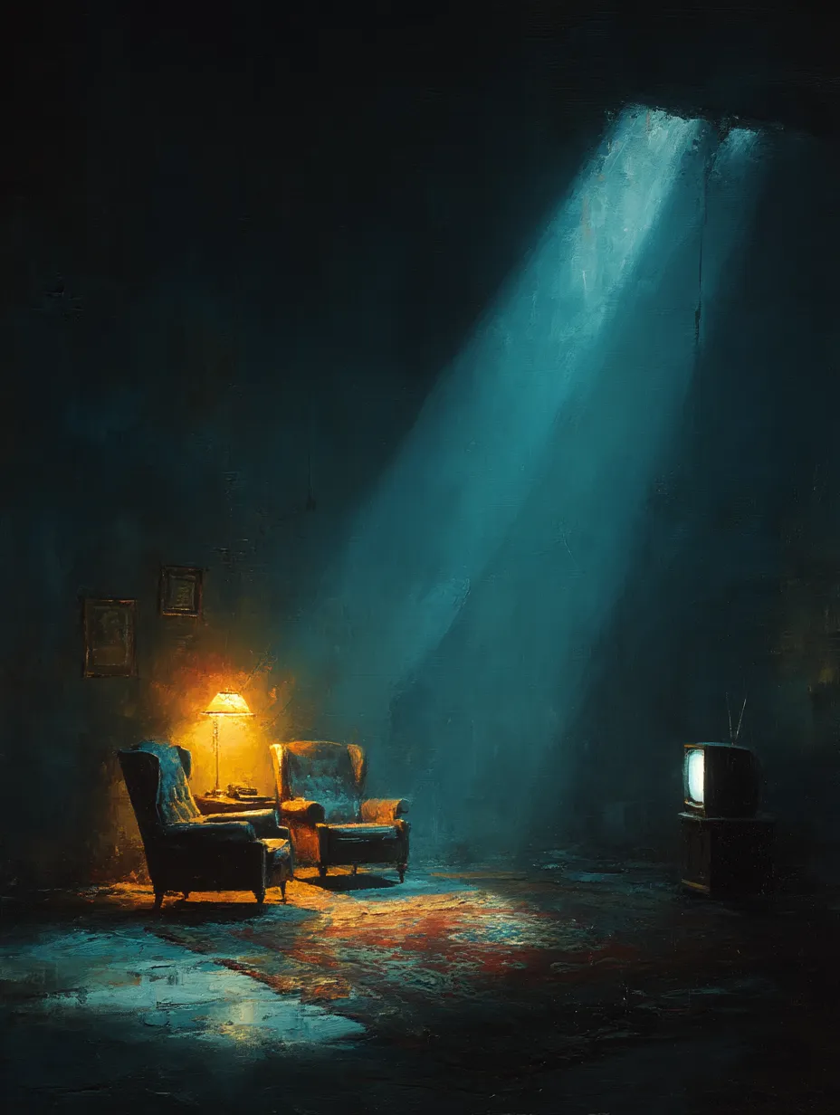 A dark room where a cold blue shaft falls across the floor toward a small television, while a warm lamp lights two armchairs in the corner.