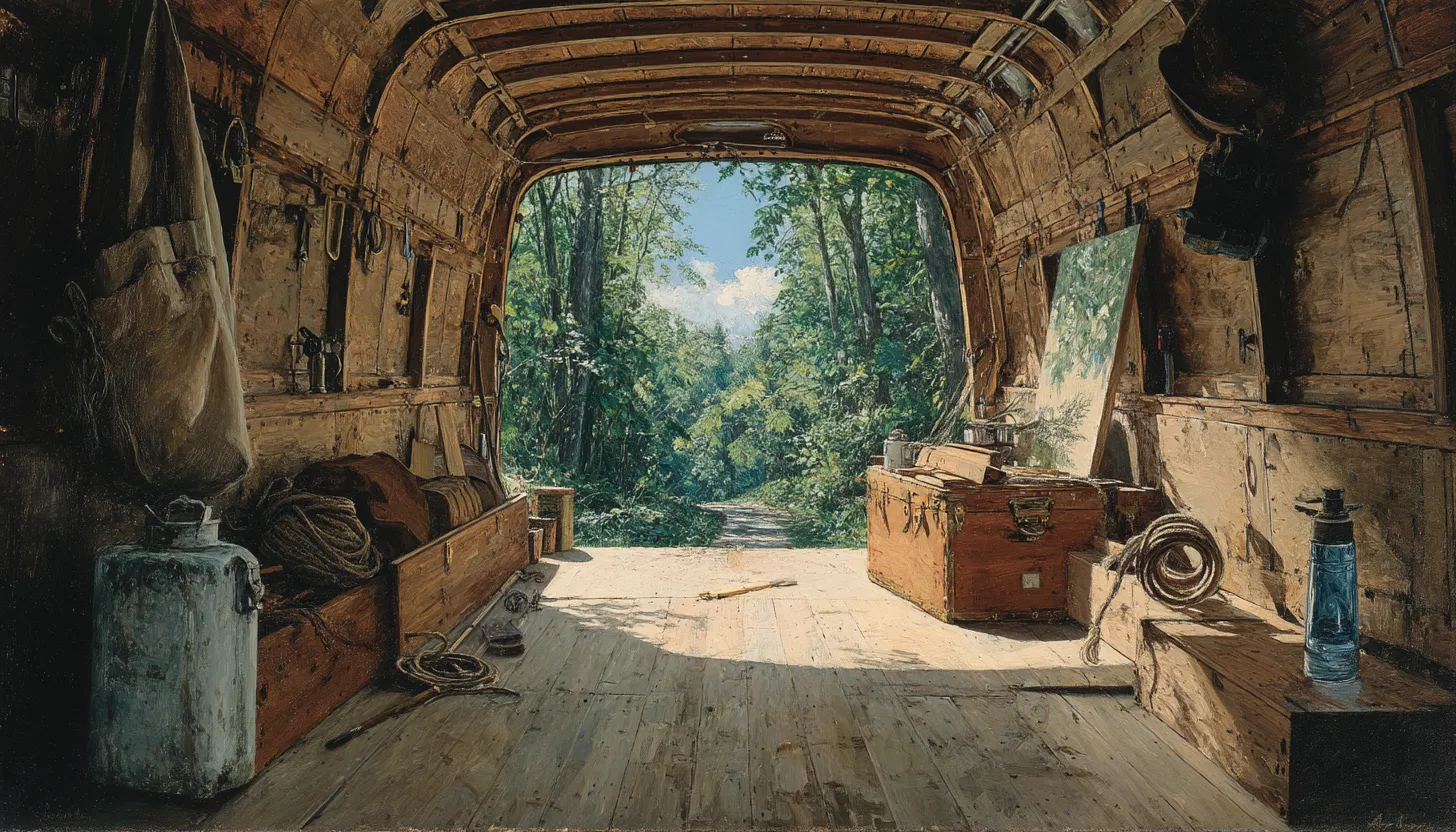 The timber-lined interior of an empty van, rope and a crate along one wall, rear doors open onto a sunlit wooded track.