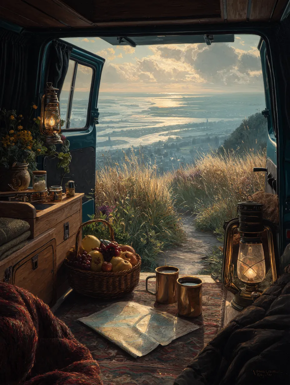 Two brass mugs of coffee and a folded map on a rug inside a van, a basket of fruit and a lit lantern beside them, open doors framing a misty river valley at sunrise.