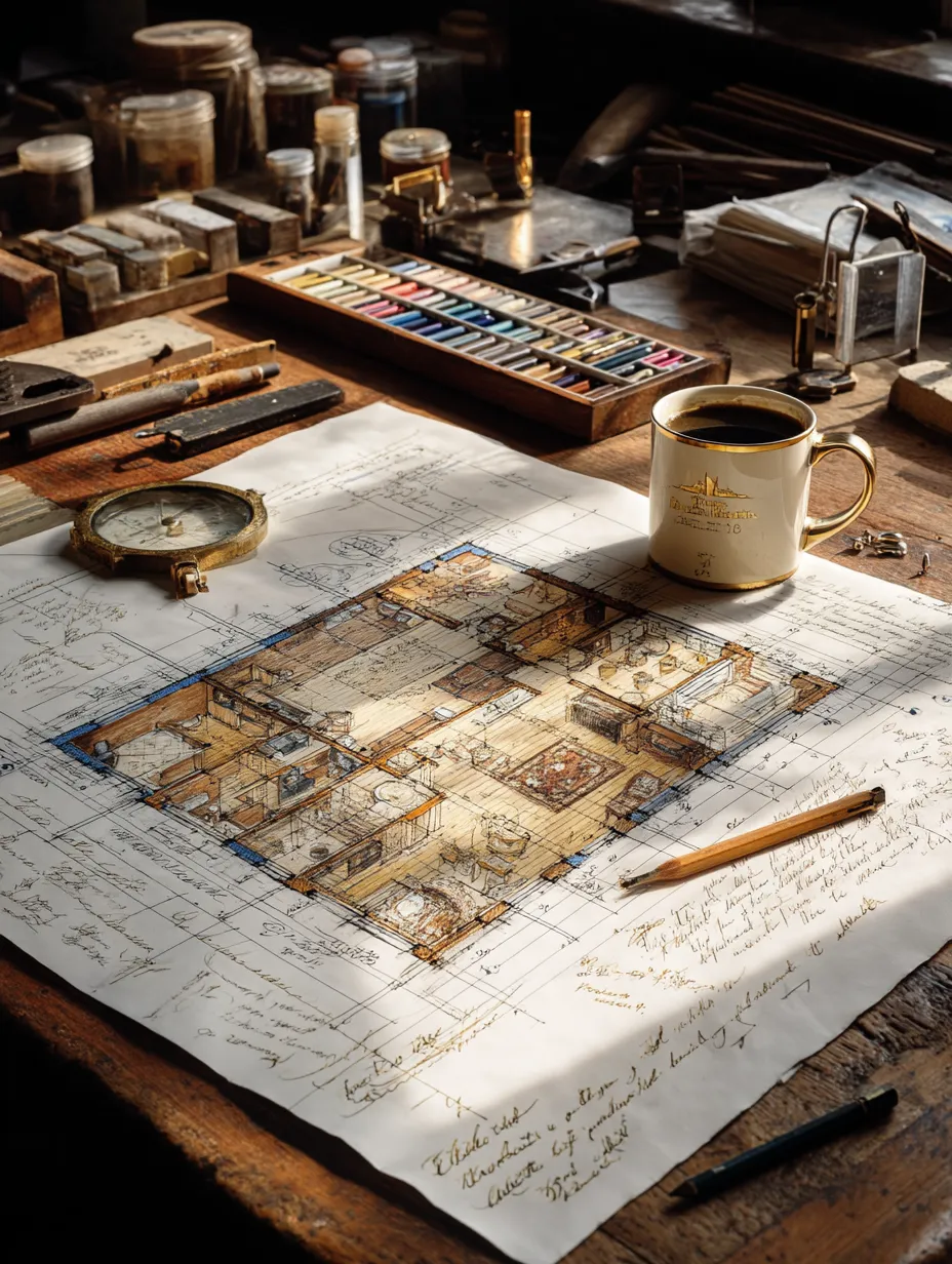 A hand-drawn van floor plan on a workbench beside a brass compass, a pencil, a tray of pastels and a mug of black coffee.