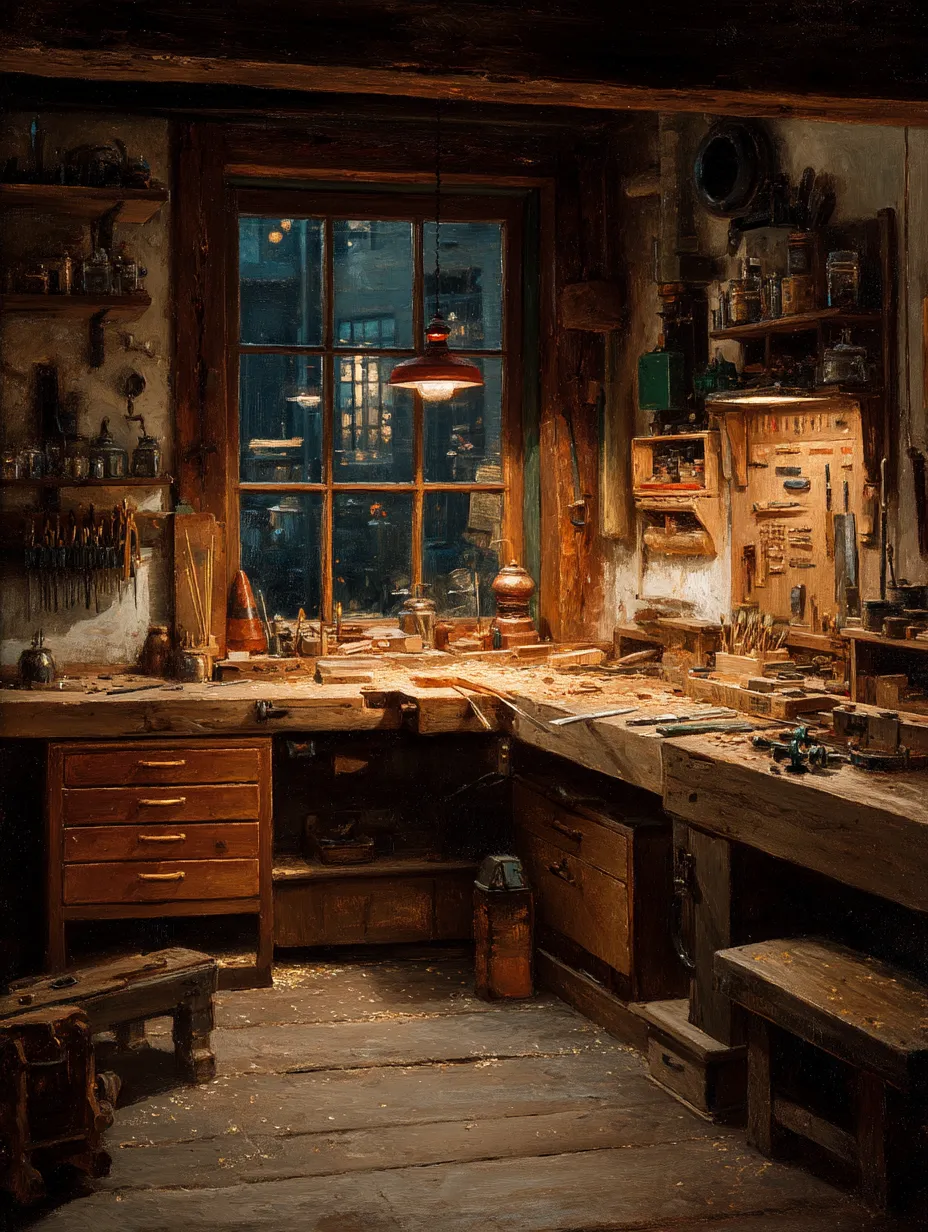 A warmly lit workshop at night, sawdust on the bench and floor, tools racked on the wall, a dark blue window behind.