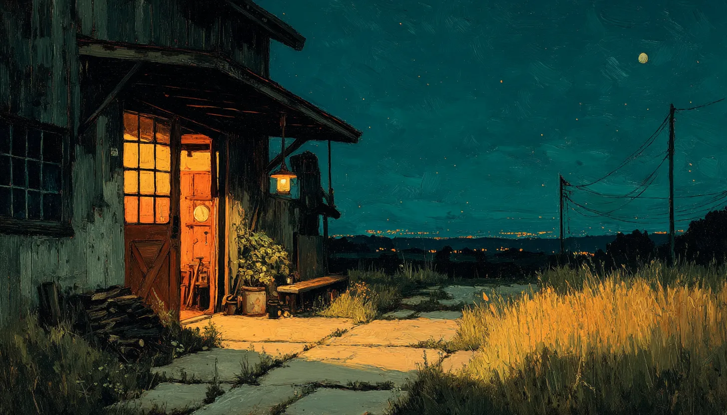 A warmly lit open workshop doorway on a rural outbuilding at night, light spilling across flagstones, distant valley lights under a deep blue sky.