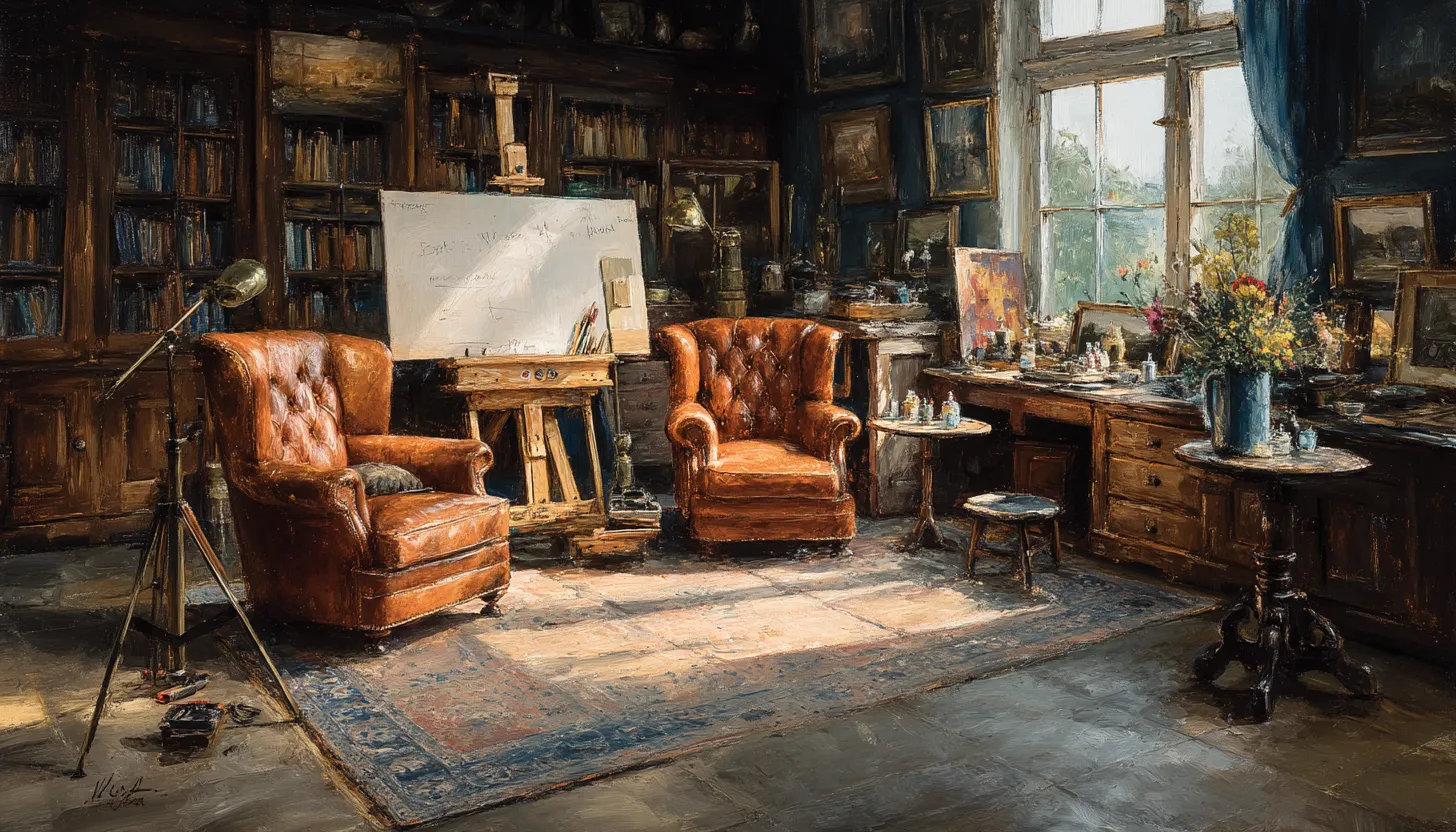 A book-lined studio room with two leather armchairs facing a camera stand, a whiteboard on an easel and daylight through a tall window.