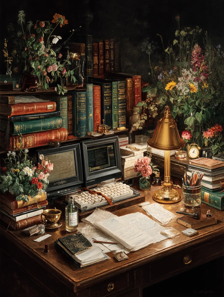 A desk at night with two monitors, a brass lamp, handwritten pages open in front of the keyboard and stacked reference volumes behind.