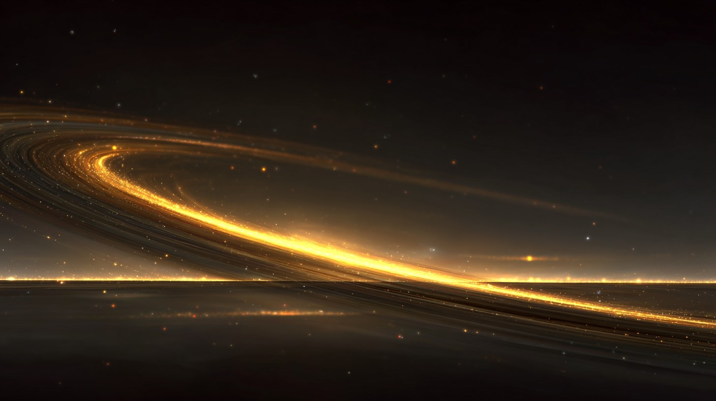 A single photon as a spiraling ribbon of golden light ascending toward a faint shimmering ceiling of light high in a dark starfield.