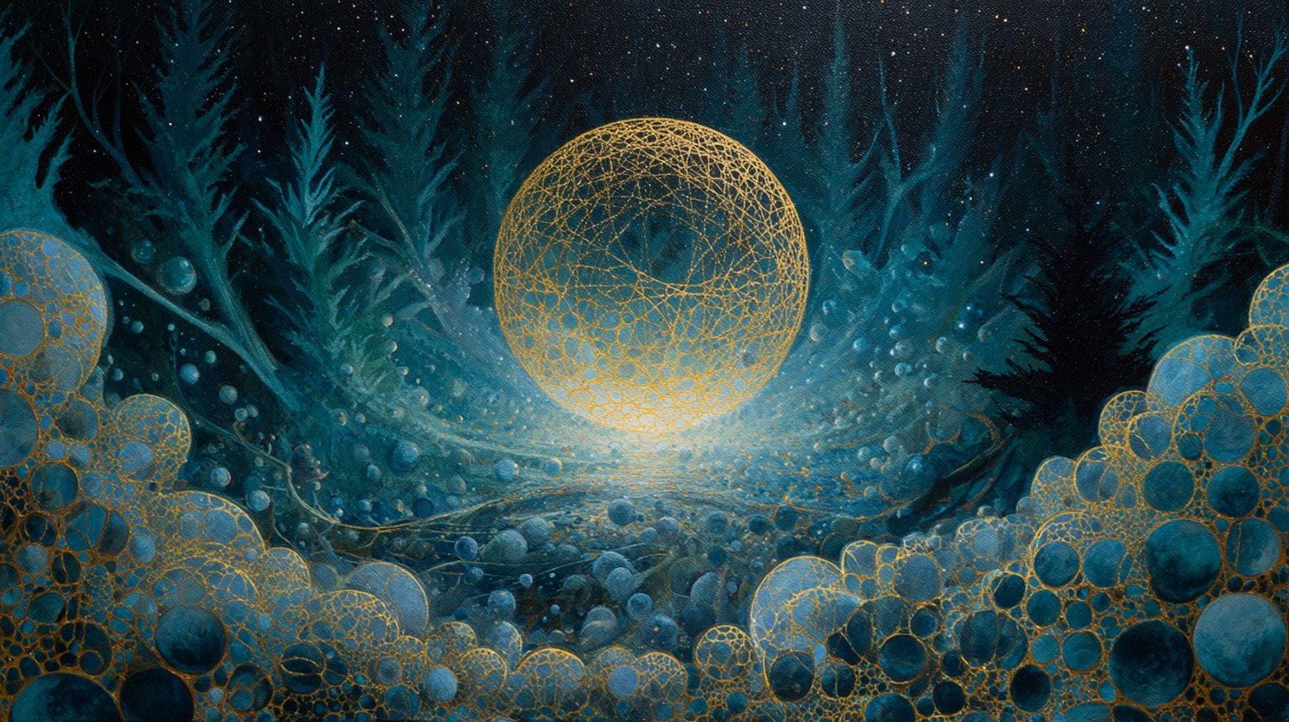 A Pacific Northwest rainforest dissolving upward into a lattice of identical pale spheres, a single luminous golden torus of light at the boundary, against a cosmic night sky.