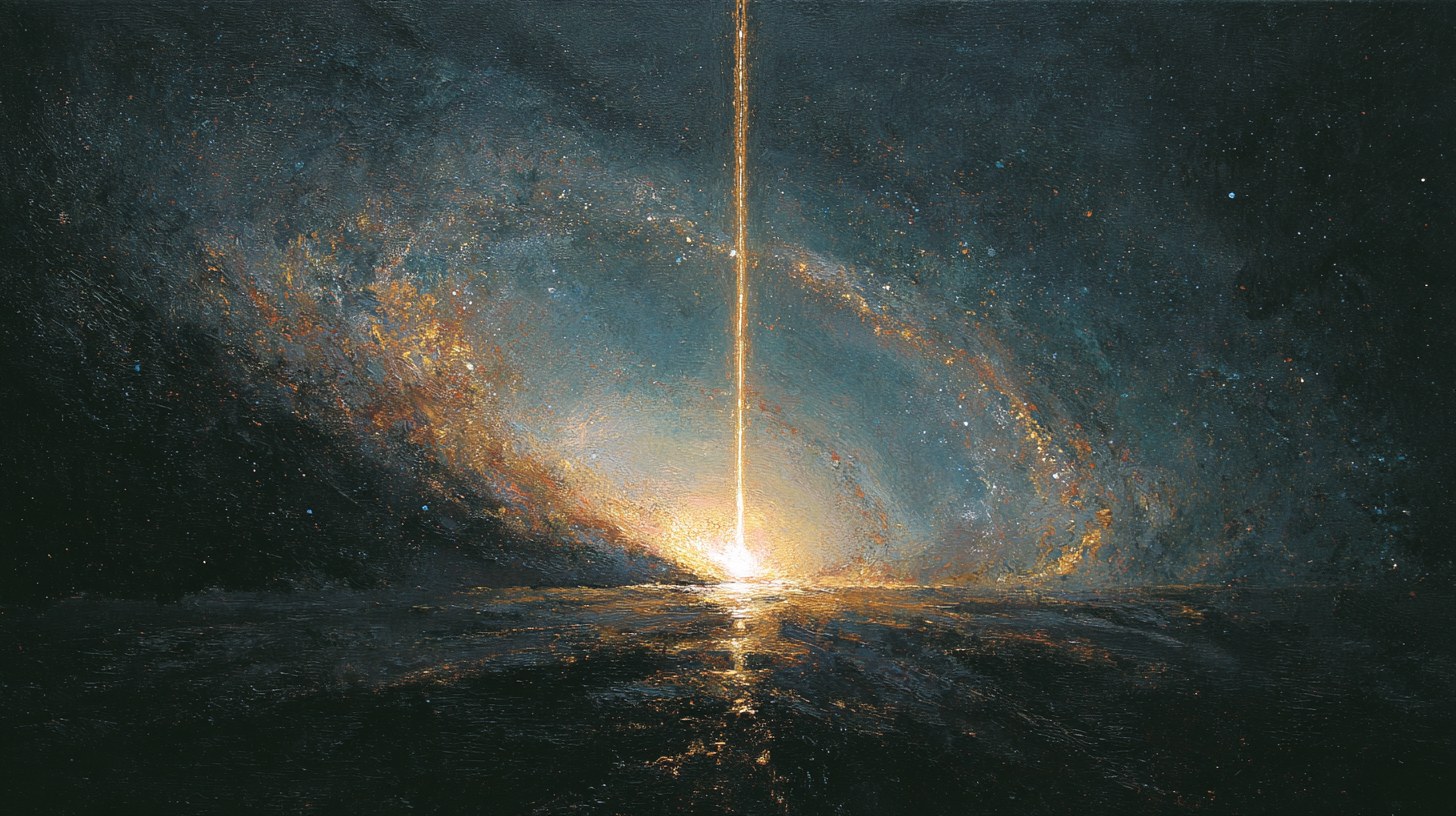A petaelectronvolt gamma ray as a golden beam rising from a distant binary star toward a faint energy ceiling, one bright data point glowing just beneath the line.