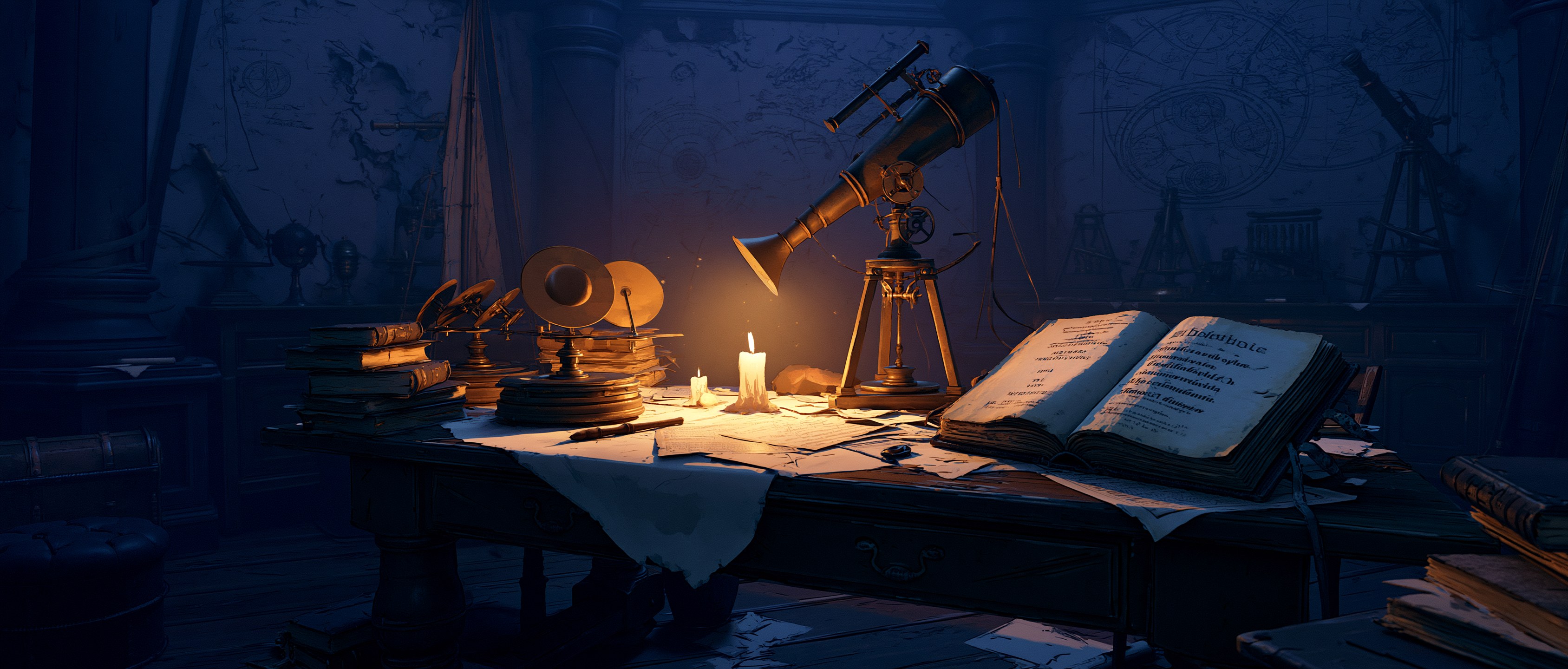 A candlelit astronomer's study where Galileo's Venus phase drawings, a brass horn antenna, and an open philosophical folio share one circle of warm lamplight against deep midnight blue.