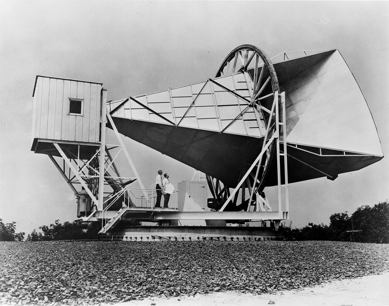 The large metal Holmdel horn antenna mounted outdoors against an open sky in New Jersey.