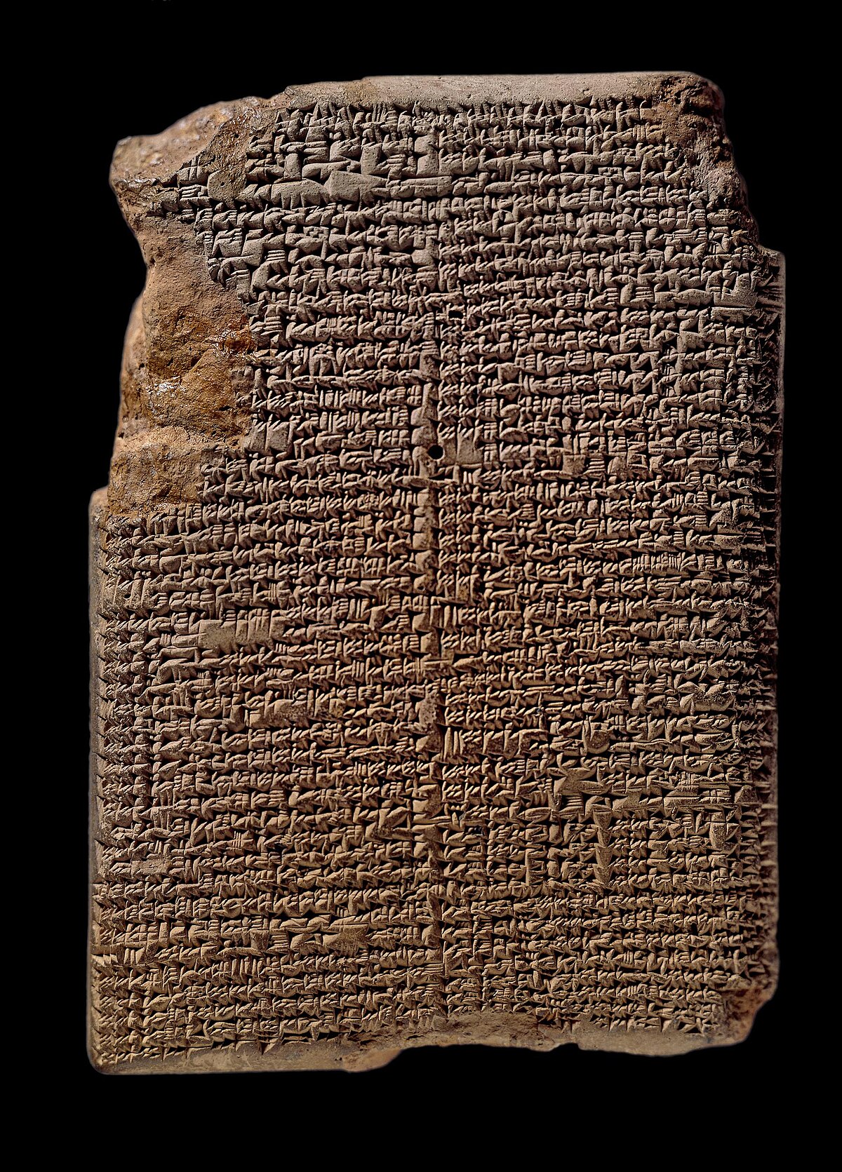 A clay cuneiform tablet of the MUL.APIN astronomical compendium, photographed against a black background.